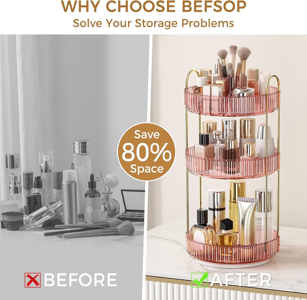 360° Rotating Makeup Organizer, Upgraded 3 Tier Skincare Perfume Organizers for Women, Bathroom Organizer Countertop, Clear Cosmetic Dresser Organizer with Makeup Brush Holder, Sink&Counter(Amber)