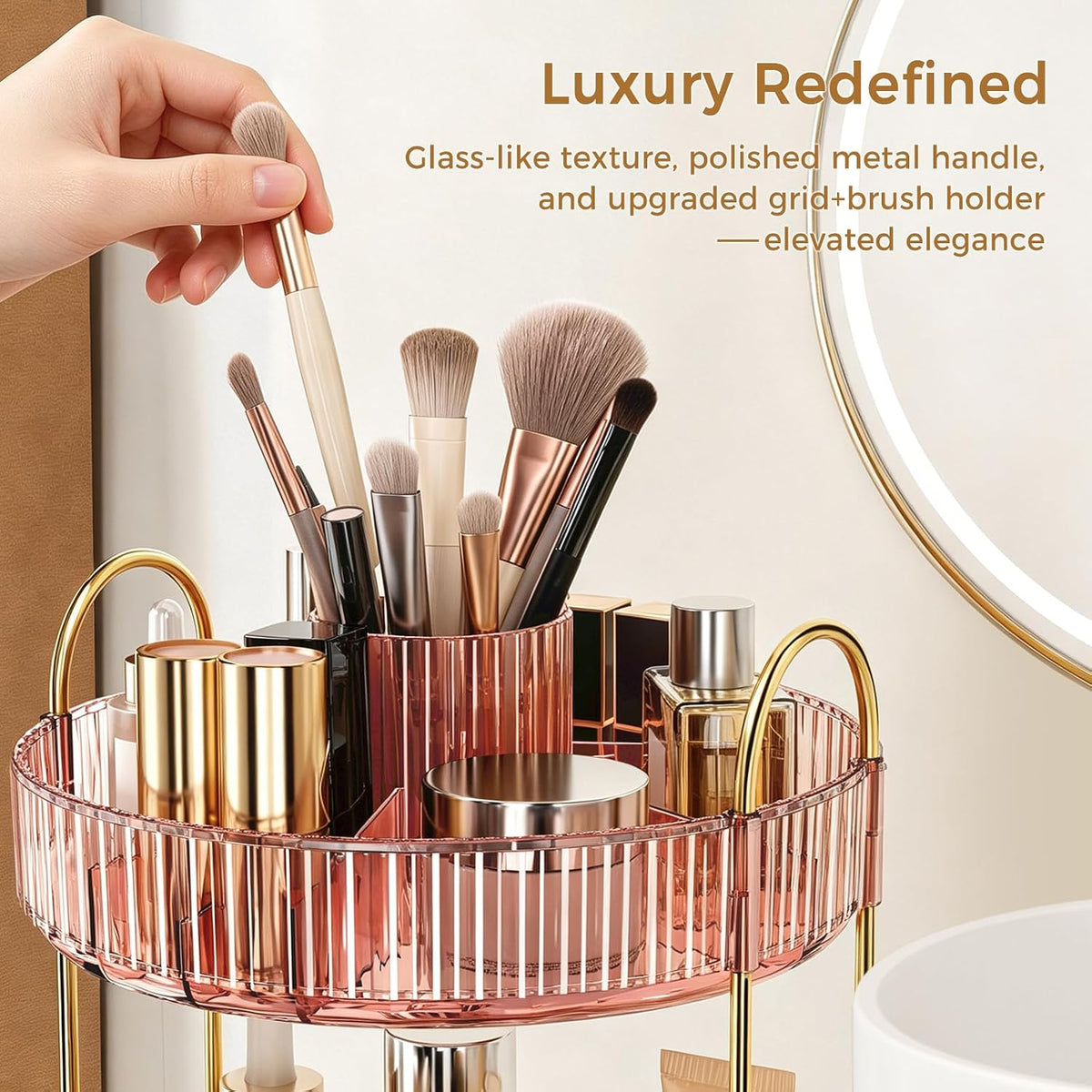 360° Rotating Makeup Organizer, Upgraded 3 Tier Skincare Perfume Organizers for Women, Bathroom Organizer Countertop, Clear Cosmetic Dresser Organizer with Makeup Brush Holder, Sink&Counter(Amber)