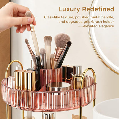360° Rotating Makeup Organizer, Upgraded 3 Tier Skincare Perfume Organizers for Women, Bathroom Organizer Countertop, Clear Cosmetic Dresser Organizer with Makeup Brush Holder, Sink&Counter(Amber)