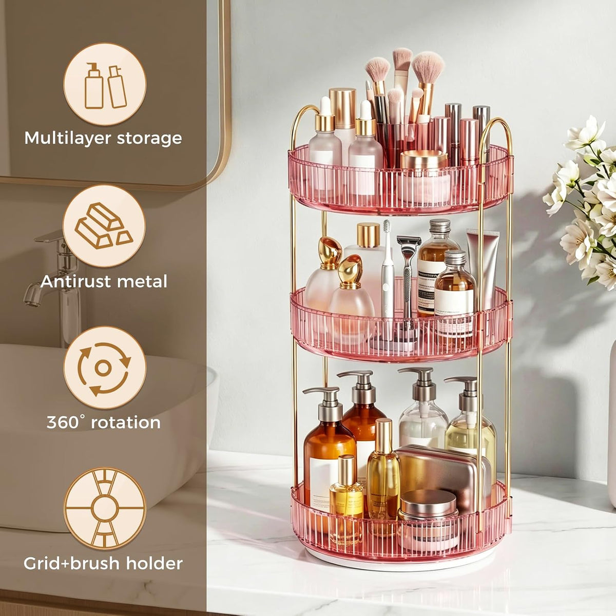 360° Rotating Makeup Organizer, Upgraded 3 Tier Skincare Perfume Organizers for Women, Bathroom Organizer Countertop, Clear Cosmetic Dresser Organizer with Makeup Brush Holder, Sink&Counter(Amber)