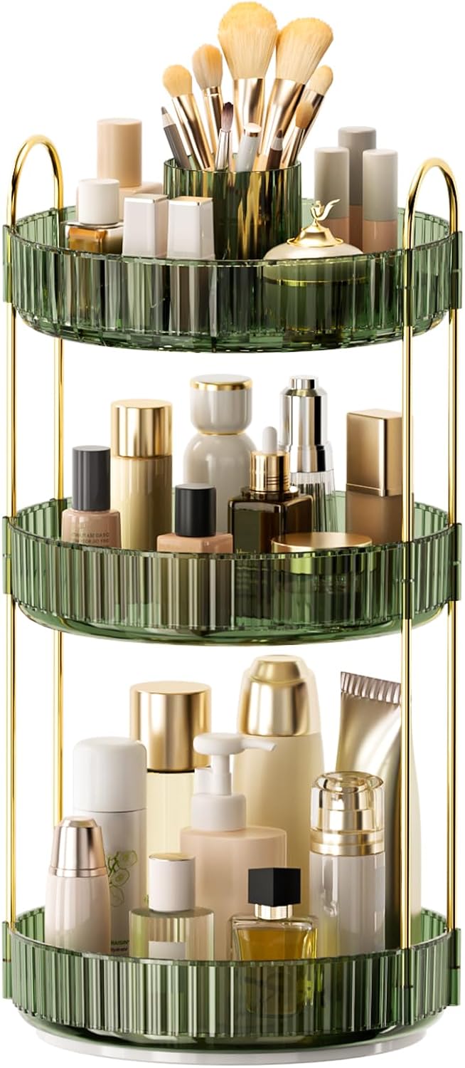 360° Rotating Makeup Organizer, Upgraded 3 Tier Skincare Perfume Organizers for Women, Bathroom Organizer Countertop, Clear Cosmetic Dresser Organizer with Makeup Brush Holder, Sink&Counter(Amber)