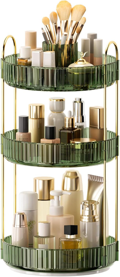 360° Rotating Makeup Organizer, Upgraded 3 Tier Skincare Perfume Organizers for Women, Bathroom Organizer Countertop, Clear Cosmetic Dresser Organizer with Makeup Brush Holder, Sink&Counter(Amber)