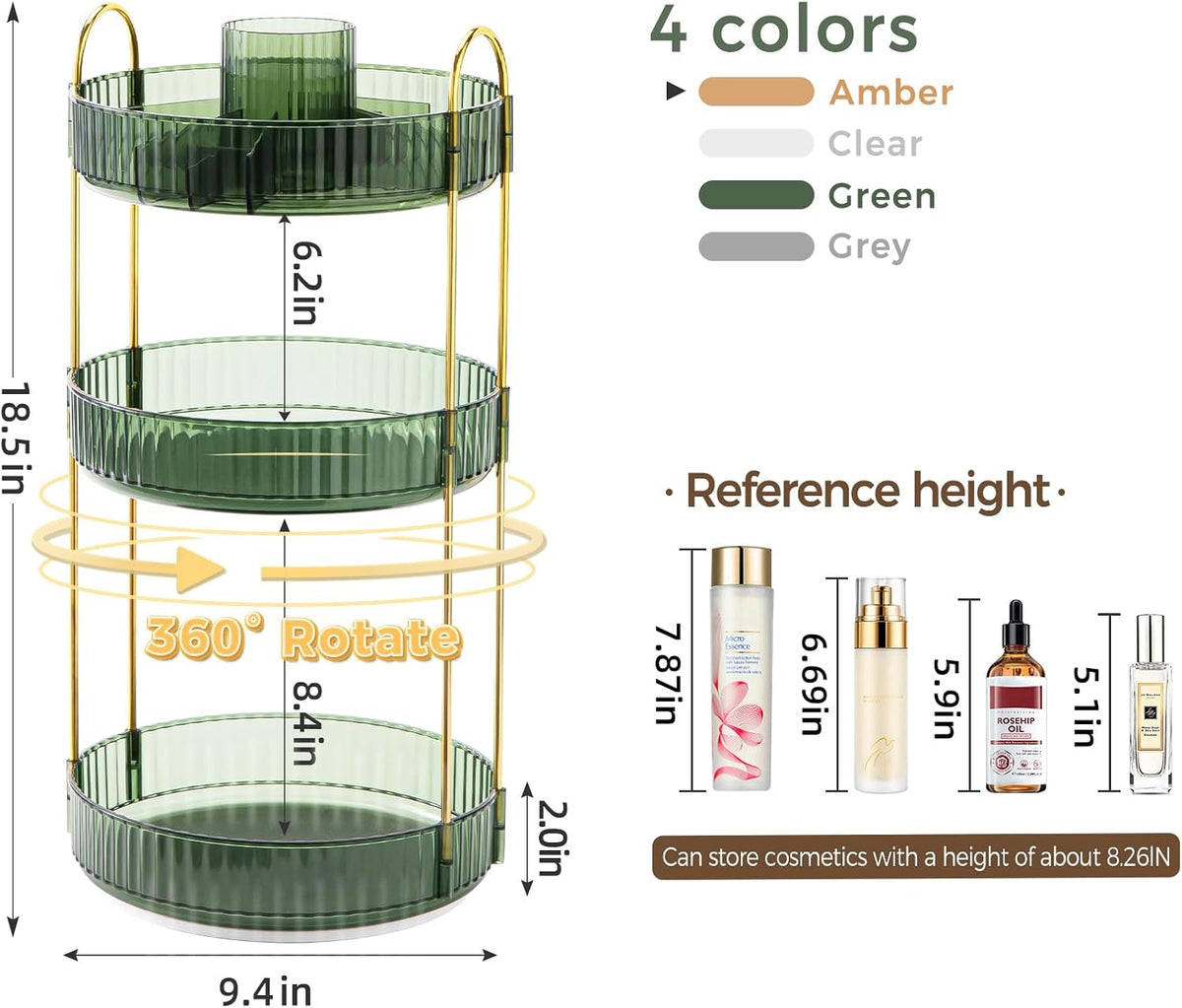 360° Rotating Makeup Organizer, Upgraded 3 Tier Skincare Perfume Organizers for Women, Bathroom Organizer Countertop, Clear Cosmetic Dresser Organizer with Makeup Brush Holder, Sink&Counter(Amber)