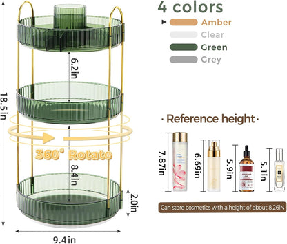 360° Rotating Makeup Organizer, Upgraded 3 Tier Skincare Perfume Organizers for Women, Bathroom Organizer Countertop, Clear Cosmetic Dresser Organizer with Makeup Brush Holder, Sink&Counter(Amber)