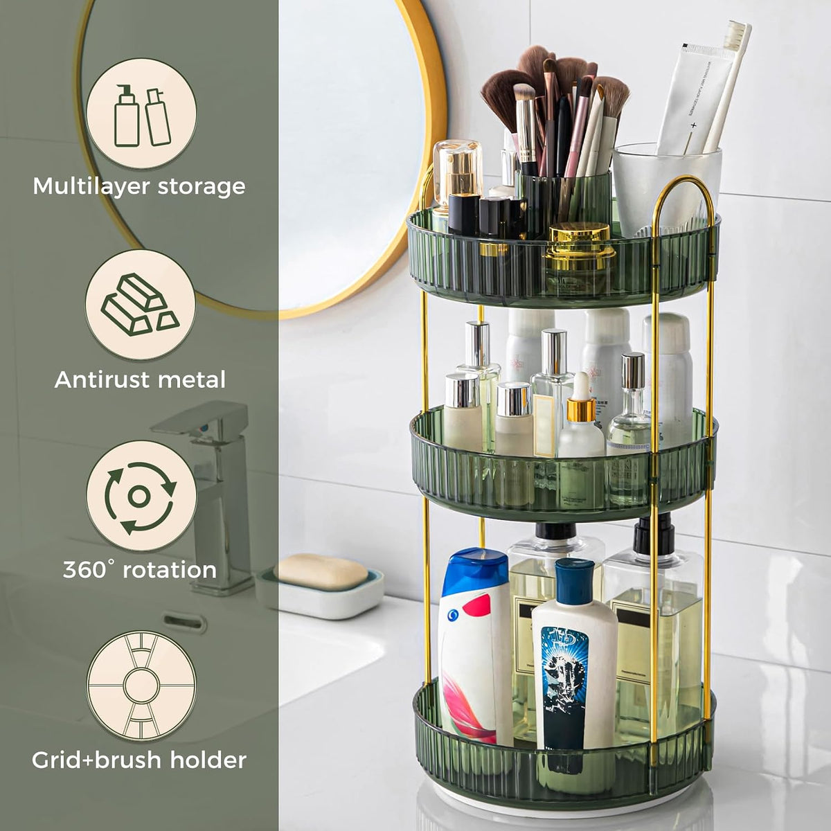 360° Rotating Makeup Organizer, Upgraded 3 Tier Skincare Perfume Organizers for Women, Bathroom Organizer Countertop, Clear Cosmetic Dresser Organizer with Makeup Brush Holder, Sink&Counter(Amber)