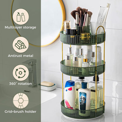 360° Rotating Makeup Organizer, Upgraded 3 Tier Skincare Perfume Organizers for Women, Bathroom Organizer Countertop, Clear Cosmetic Dresser Organizer with Makeup Brush Holder, Sink&Counter(Amber)