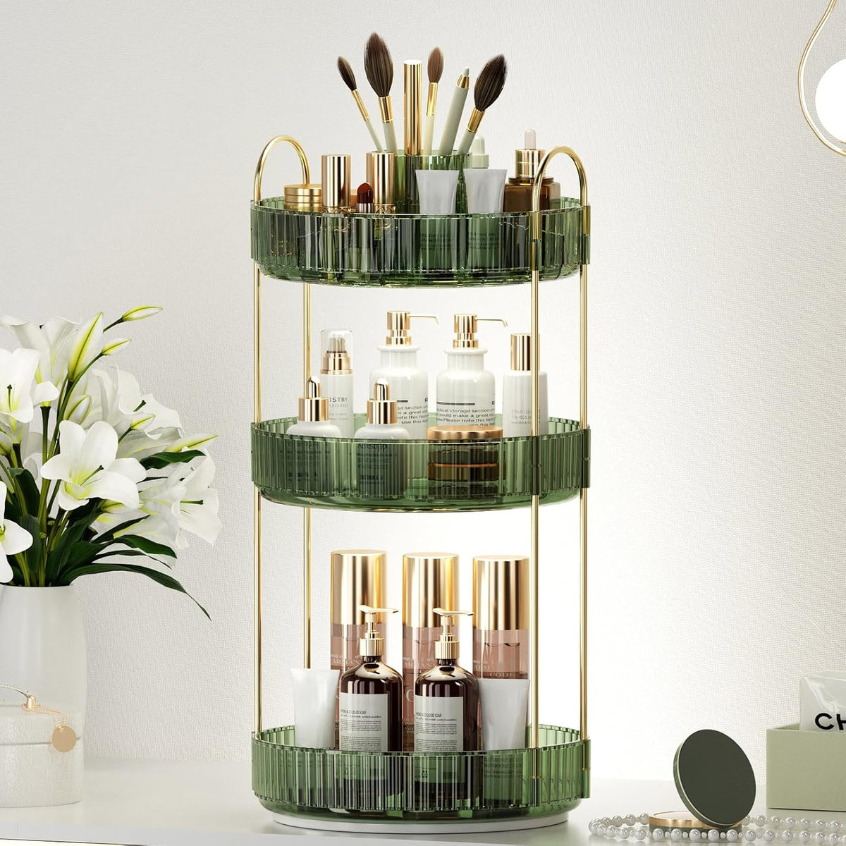 360° Rotating Makeup Organizer, Upgraded 3 Tier Skincare Perfume Organizers for Women, Bathroom Organizer Countertop, Clear Cosmetic Dresser Organizer with Makeup Brush Holder, Sink&Counter(Amber)