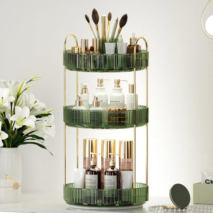 360° Rotating Makeup Organizer, Upgraded 3 Tier Skincare Perfume Organizers for Women, Bathroom Organizer Countertop, Clear Cosmetic Dresser Organizer with Makeup Brush Holder, Sink&Counter(Amber)