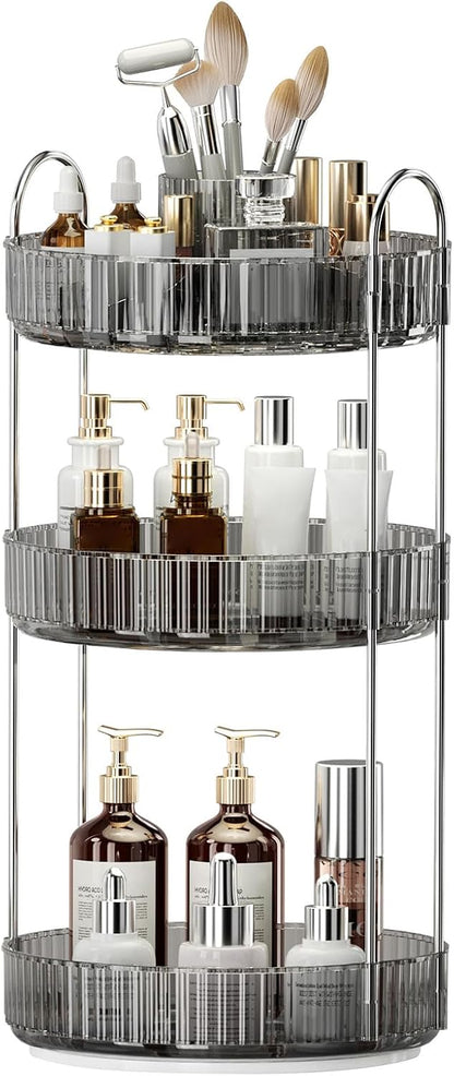 360° Rotating Makeup Organizer, Upgraded 3 Tier Skincare Perfume Organizers for Women, Bathroom Organizer Countertop, Clear Cosmetic Dresser Organizer with Makeup Brush Holder, Sink&Counter(Amber)