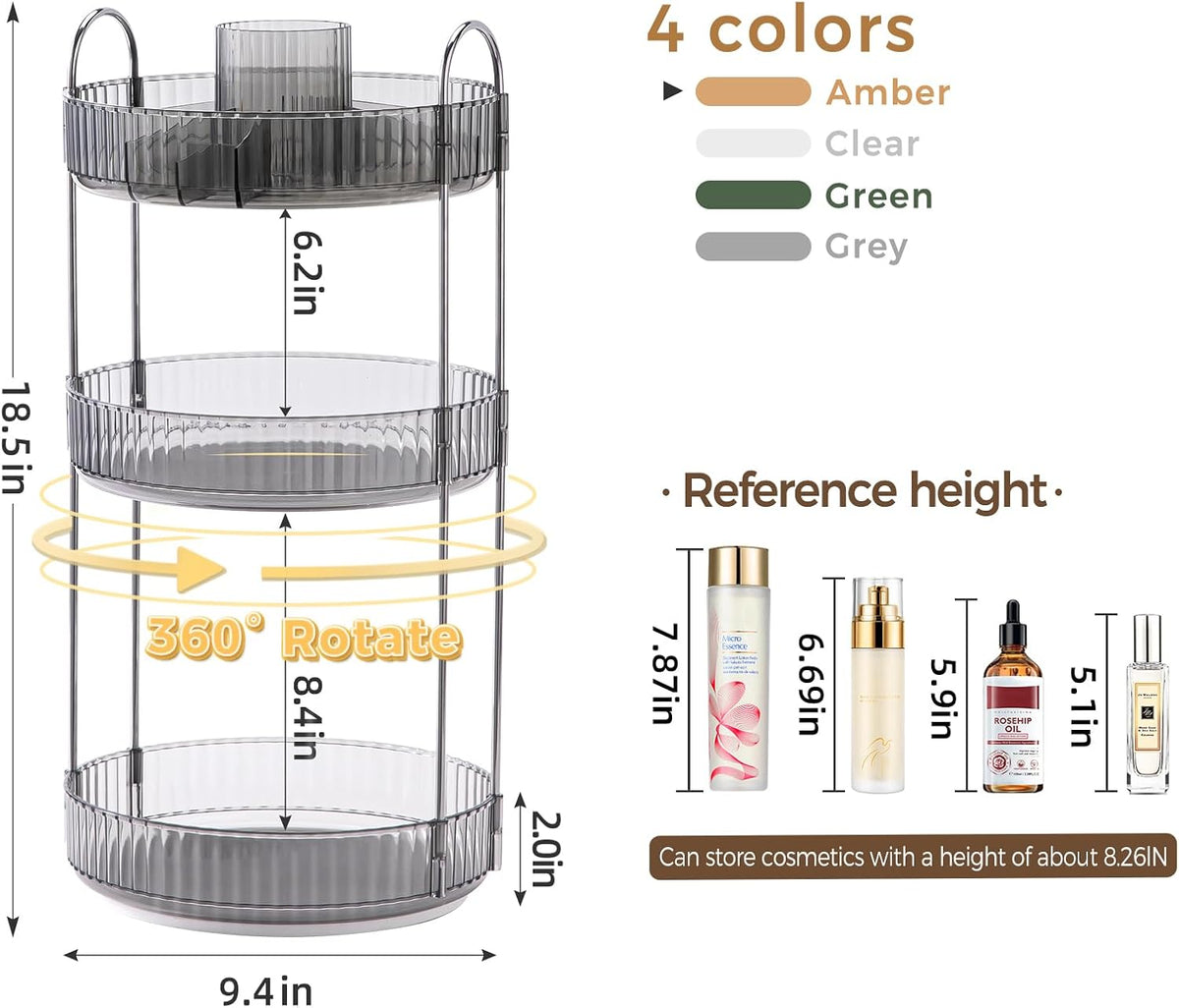 360° Rotating Makeup Organizer, Upgraded 3 Tier Skincare Perfume Organizers for Women, Bathroom Organizer Countertop, Clear Cosmetic Dresser Organizer with Makeup Brush Holder, Sink&Counter(Amber)