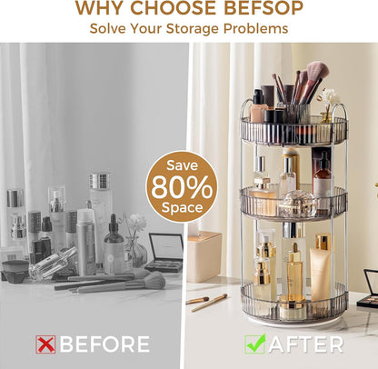 360° Rotating Makeup Organizer, Upgraded 3 Tier Skincare Perfume Organizers for Women, Bathroom Organizer Countertop, Clear Cosmetic Dresser Organizer with Makeup Brush Holder, Sink&Counter(Amber)