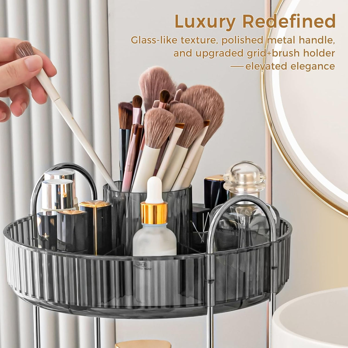 360° Rotating Makeup Organizer, Upgraded 3 Tier Skincare Perfume Organizers for Women, Bathroom Organizer Countertop, Clear Cosmetic Dresser Organizer with Makeup Brush Holder, Sink&Counter(Amber)