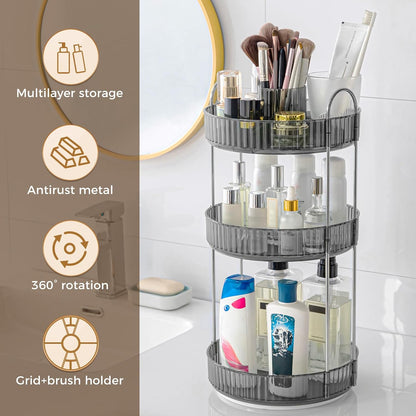 360° Rotating Makeup Organizer, Upgraded 3 Tier Skincare Perfume Organizers for Women, Bathroom Organizer Countertop, Clear Cosmetic Dresser Organizer with Makeup Brush Holder, Sink&Counter(Amber)