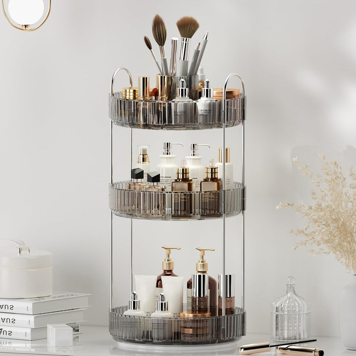 360° Rotating Makeup Organizer, Upgraded 3 Tier Skincare Perfume Organizers for Women, Bathroom Organizer Countertop, Clear Cosmetic Dresser Organizer with Makeup Brush Holder, Sink&Counter(Amber)