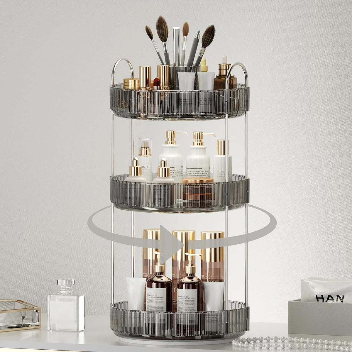360° Rotating Makeup Organizer, Upgraded 3 Tier Skincare Perfume Organizers for Women, Bathroom Organizer Countertop, Clear Cosmetic Dresser Organizer with Makeup Brush Holder, Sink&Counter(Amber)