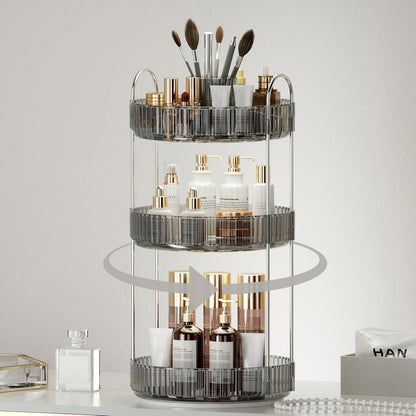 360° Rotating Makeup Organizer, Upgraded 3 Tier Skincare Perfume Organizers for Women, Bathroom Organizer Countertop, Clear Cosmetic Dresser Organizer with Makeup Brush Holder, Sink&Counter(Amber)