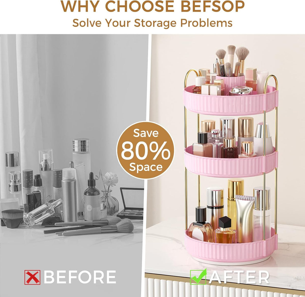 360° Rotating Makeup Organizer, Upgraded 3 Tier Skincare Perfume Organizers for Women, Bathroom Organizer Countertop, Clear Cosmetic Dresser Organizer with Makeup Brush Holder, Sink&Counter(Amber)