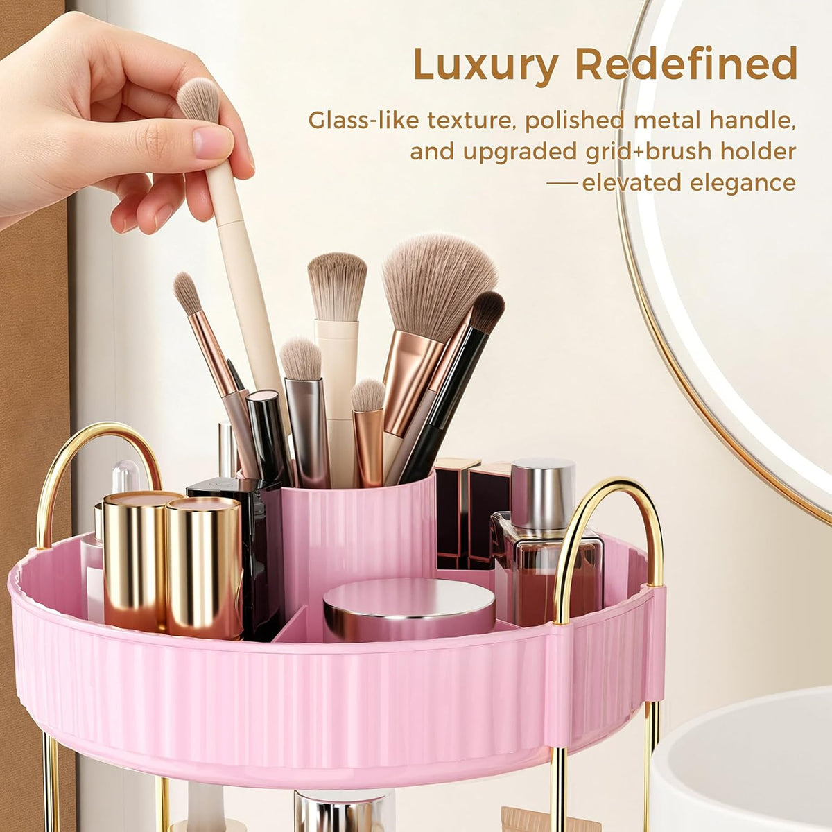 360° Rotating Makeup Organizer, Upgraded 3 Tier Skincare Perfume Organizers for Women, Bathroom Organizer Countertop, Clear Cosmetic Dresser Organizer with Makeup Brush Holder, Sink&Counter(Amber)