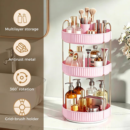 360° Rotating Makeup Organizer, Upgraded 3 Tier Skincare Perfume Organizers for Women, Bathroom Organizer Countertop, Clear Cosmetic Dresser Organizer with Makeup Brush Holder, Sink&Counter(Amber)