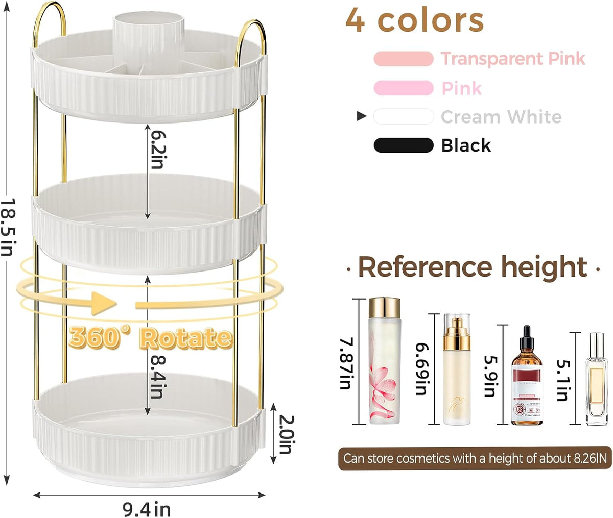 360° Rotating Makeup Organizer, Upgraded 3 Tier Skincare Perfume Organizers for Women, Bathroom Organizer Countertop, Clear Cosmetic Dresser Organizer with Makeup Brush Holder, Sink&Counter(Amber)