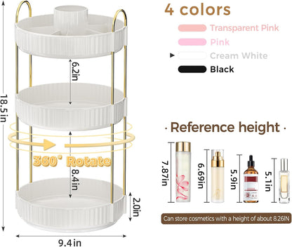360° Rotating Makeup Organizer, Upgraded 3 Tier Skincare Perfume Organizers for Women, Bathroom Organizer Countertop, Clear Cosmetic Dresser Organizer with Makeup Brush Holder, Sink&Counter(Amber)