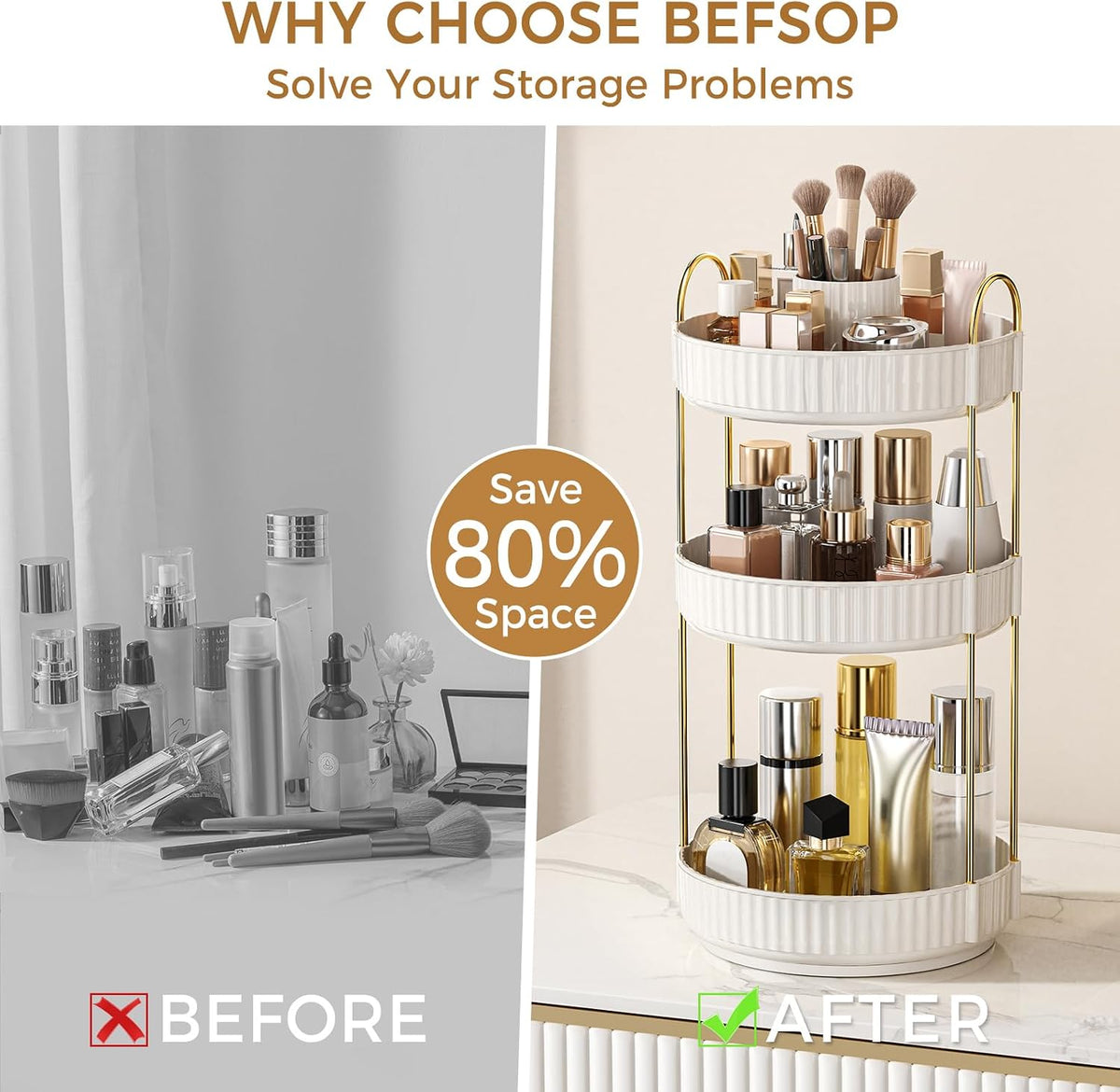 360° Rotating Makeup Organizer, Upgraded 3 Tier Skincare Perfume Organizers for Women, Bathroom Organizer Countertop, Clear Cosmetic Dresser Organizer with Makeup Brush Holder, Sink&Counter(Amber)