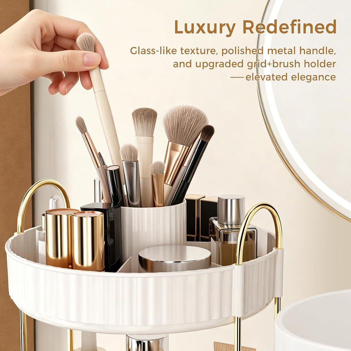360° Rotating Makeup Organizer, Upgraded 3 Tier Skincare Perfume Organizers for Women, Bathroom Organizer Countertop, Clear Cosmetic Dresser Organizer with Makeup Brush Holder, Sink&Counter(Amber)