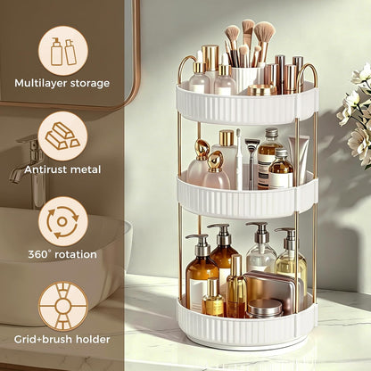 360° Rotating Makeup Organizer, Upgraded 3 Tier Skincare Perfume Organizers for Women, Bathroom Organizer Countertop, Clear Cosmetic Dresser Organizer with Makeup Brush Holder, Sink&Counter(Amber)