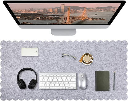35 x 16.5 Inch Felt Desk Mat with Scalloped Edges, Large Felt Mouse Pad Non Slip Scalloped Computer Laptop Desktop Pad for Keyboard and Mouse Home Office(Gray)