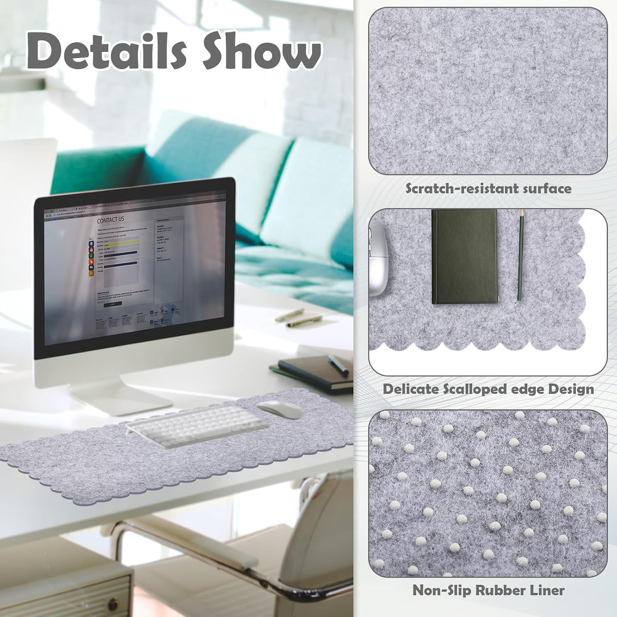 35 x 16.5 Inch Felt Desk Mat with Scalloped Edges, Large Felt Mouse Pad Non Slip Scalloped Computer Laptop Desktop Pad for Keyboard and Mouse Home Office(Gray)