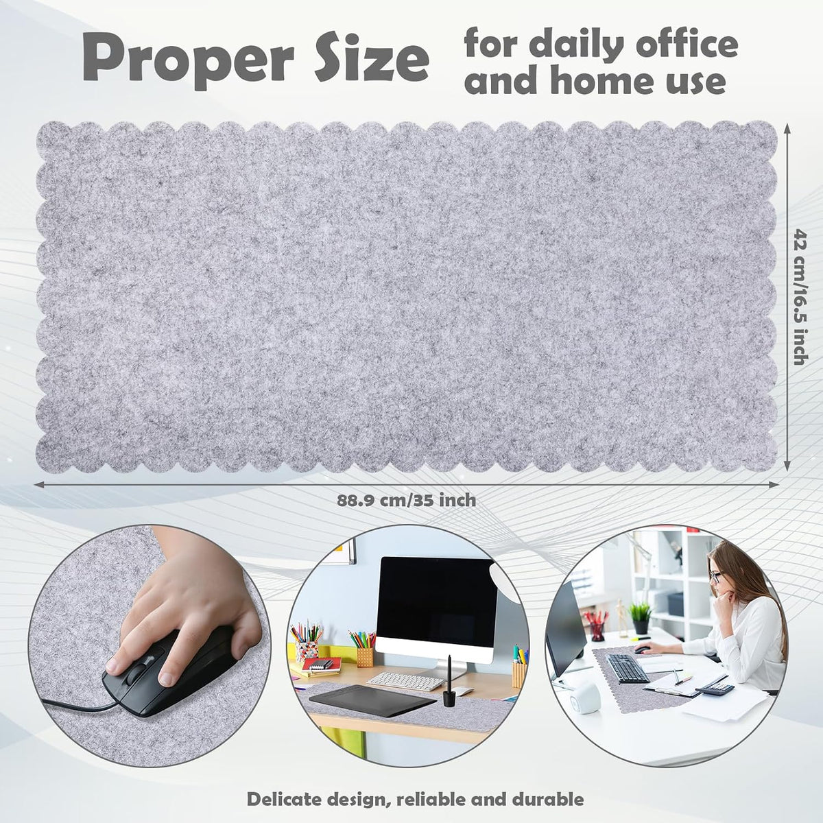35 x 16.5 Inch Felt Desk Mat with Scalloped Edges, Large Felt Mouse Pad Non Slip Scalloped Computer Laptop Desktop Pad for Keyboard and Mouse Home Office(Gray)