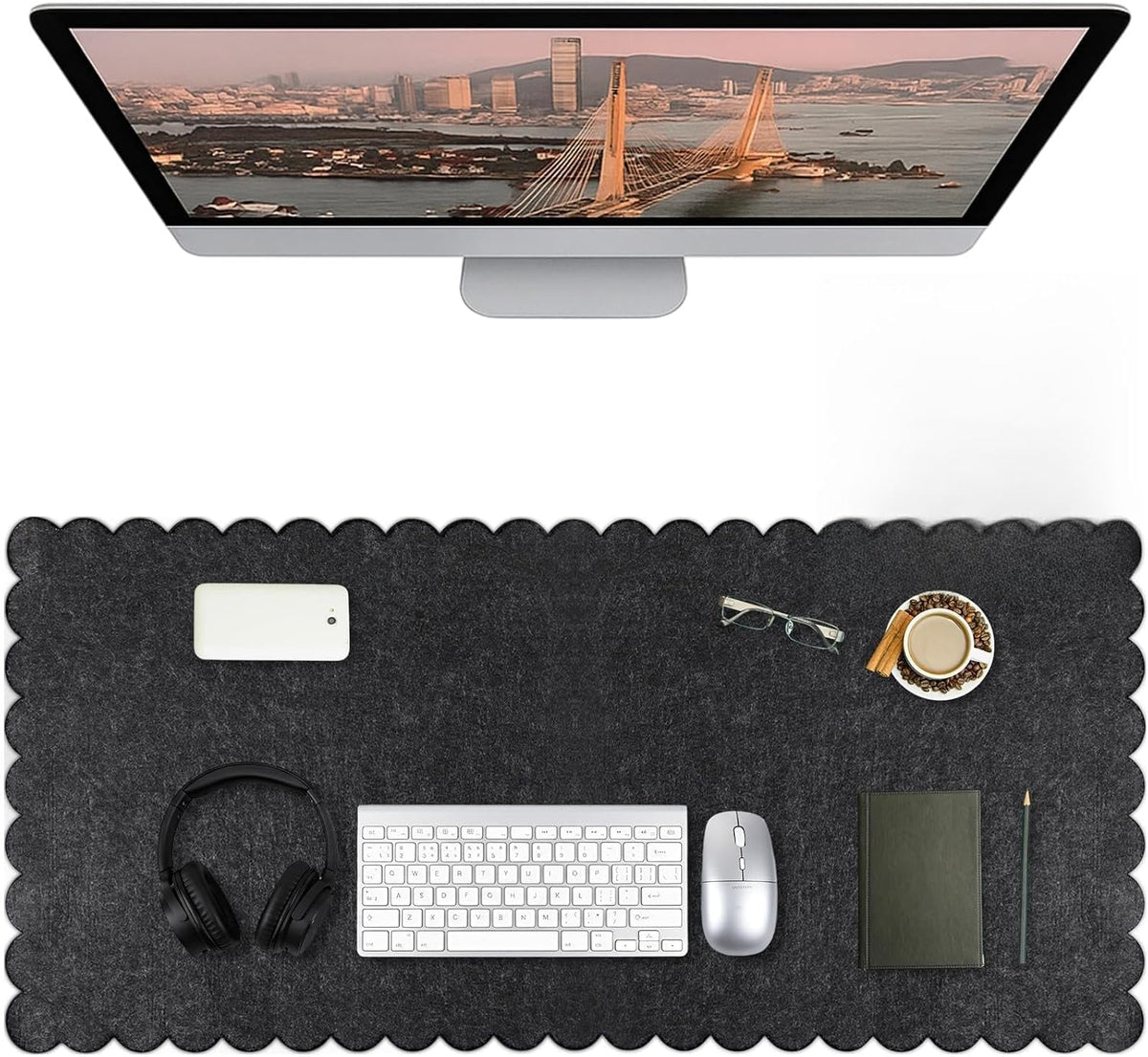 35 x 16.5 Inch Felt Desk Mat with Scalloped Edges, Large Felt Mouse Pad Non Slip Scalloped Computer Laptop Desktop Pad for Keyboard and Mouse Home Office(Gray)