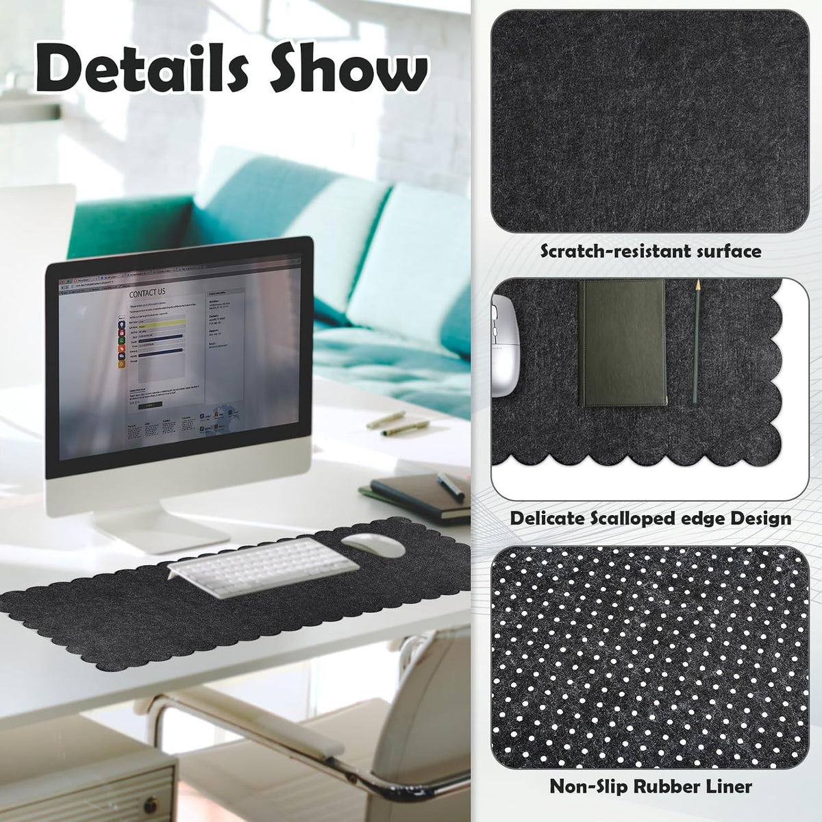 35 x 16.5 Inch Felt Desk Mat with Scalloped Edges, Large Felt Mouse Pad Non Slip Scalloped Computer Laptop Desktop Pad for Keyboard and Mouse Home Office(Gray)