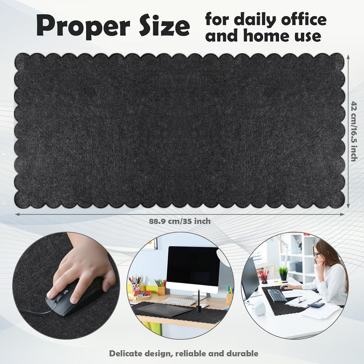 35 x 16.5 Inch Felt Desk Mat with Scalloped Edges, Large Felt Mouse Pad Non Slip Scalloped Computer Laptop Desktop Pad for Keyboard and Mouse Home Office(Gray)