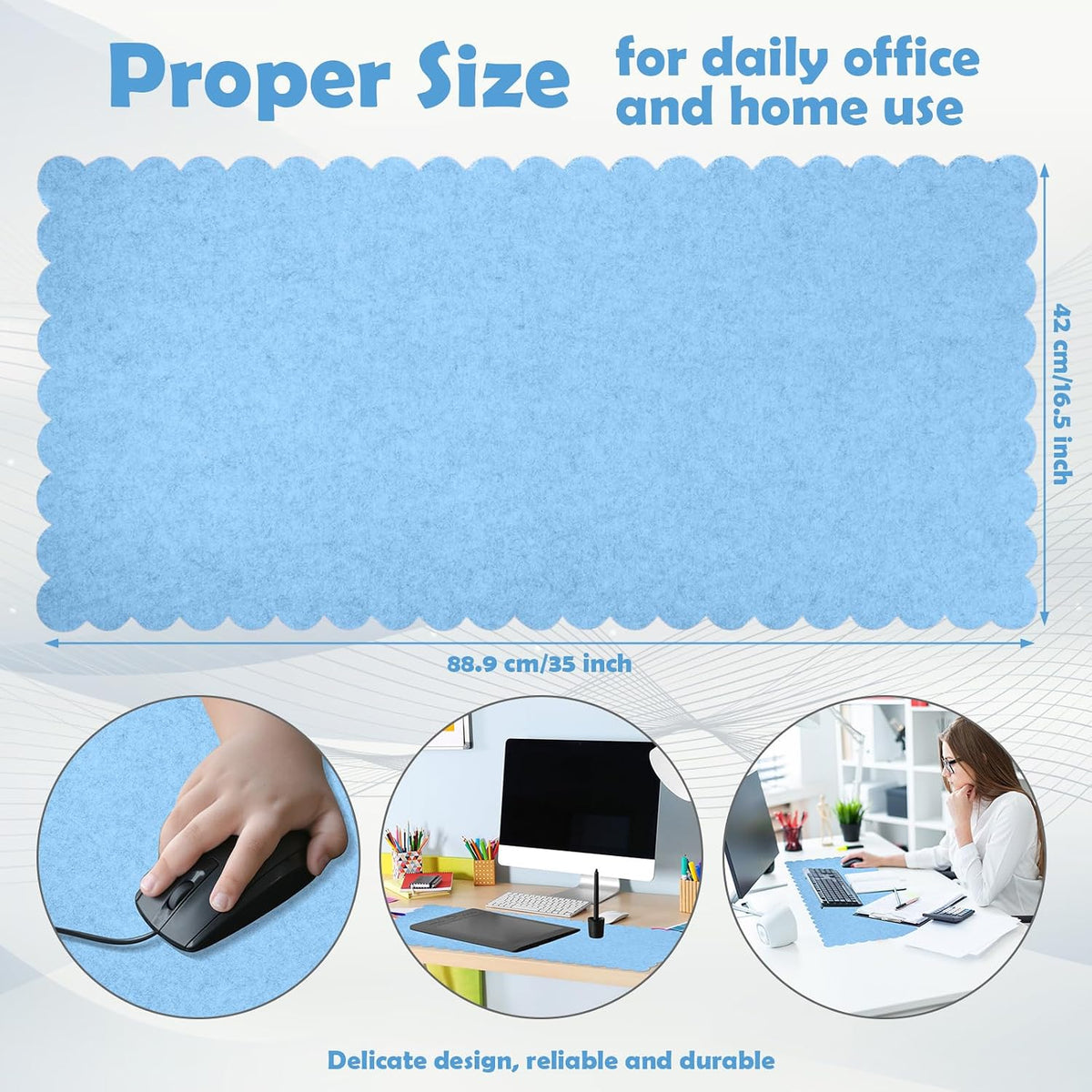 35 x 16.5 Inch Felt Desk Mat with Scalloped Edges, Large Felt Mouse Pad Non Slip Scalloped Computer Laptop Desktop Pad for Keyboard and Mouse Home Office(Gray)