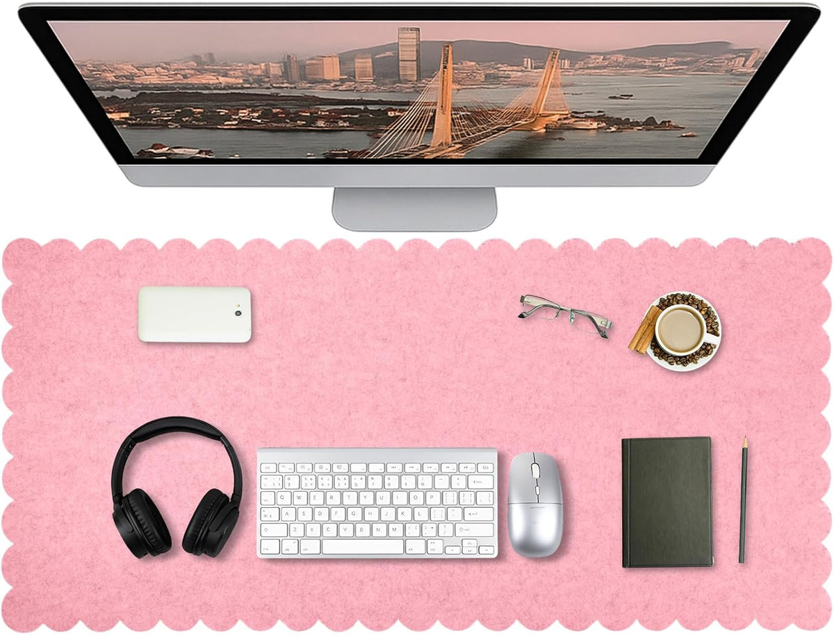 35 x 16.5 Inch Felt Desk Mat with Scalloped Edges, Large Felt Mouse Pad Non Slip Scalloped Computer Laptop Desktop Pad for Keyboard and Mouse Home Office(Gray)