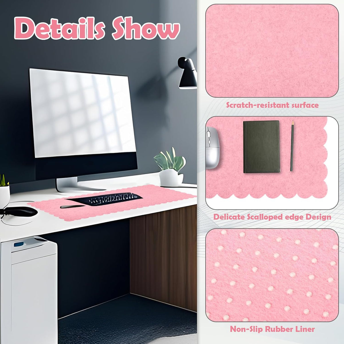 35 x 16.5 Inch Felt Desk Mat with Scalloped Edges, Large Felt Mouse Pad Non Slip Scalloped Computer Laptop Desktop Pad for Keyboard and Mouse Home Office(Gray)