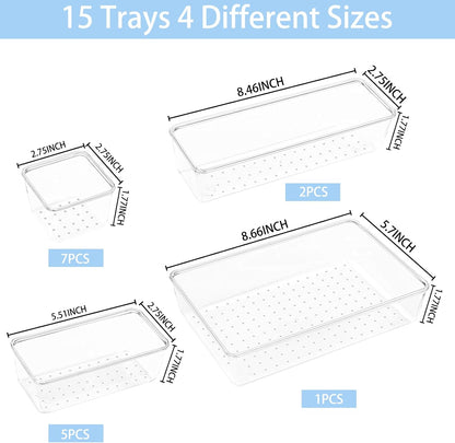 Manalete 15 Pcs Clear Plastic Drawer Organizer, Makeup & Vanity Organizer