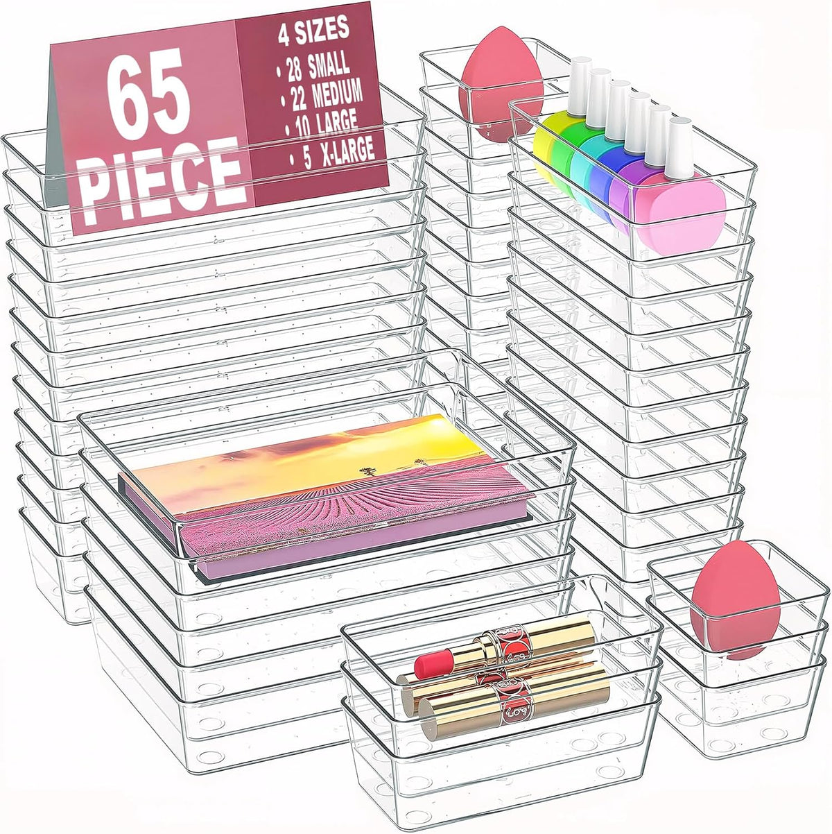 Manalete 15 Pcs Clear Plastic Drawer Organizer, Makeup & Vanity Organizer