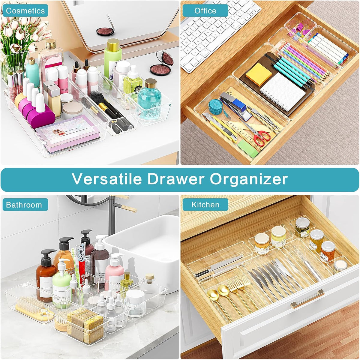 Manalete 15 Pcs Clear Plastic Drawer Organizer, Makeup & Vanity Organizer