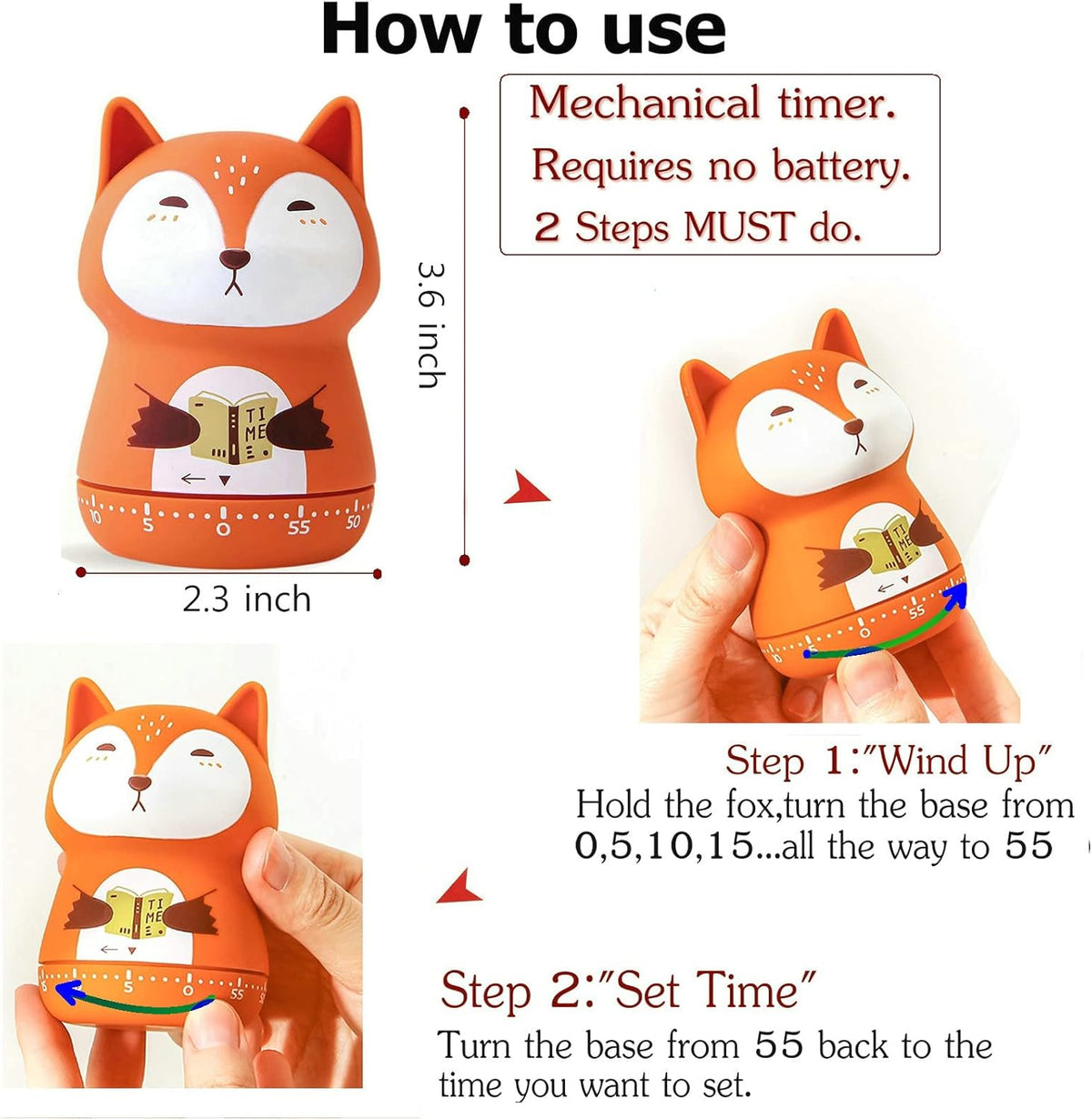 Mechanical Kitchen Timer, Cute Animal Wind Up 60 Minutes Manual Countdown for Kids, Classroom, Home, Study and Cooking (Orange Fox)
