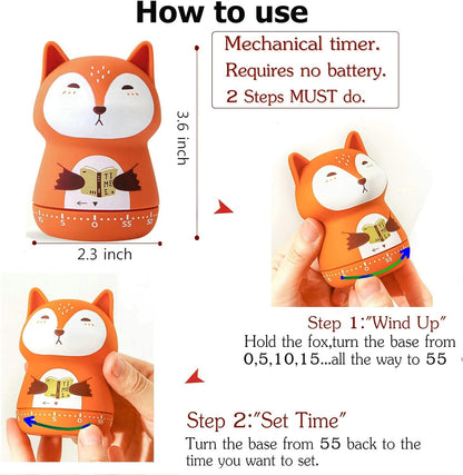 Mechanical Kitchen Timer, Cute Animal Wind Up 60 Minutes Manual Countdown for Kids, Classroom, Home, Study and Cooking (Orange Fox)