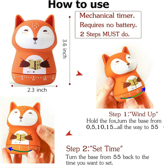 Mechanical Kitchen Timer, Cute Animal Wind Up 60 Minutes Manual Countdown for Kids, Classroom, Home, Study and Cooking (Orange Fox)