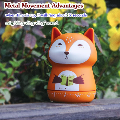 Mechanical Kitchen Timer, Cute Animal Wind Up 60 Minutes Manual Countdown for Kids, Classroom, Home, Study and Cooking (Orange Fox)