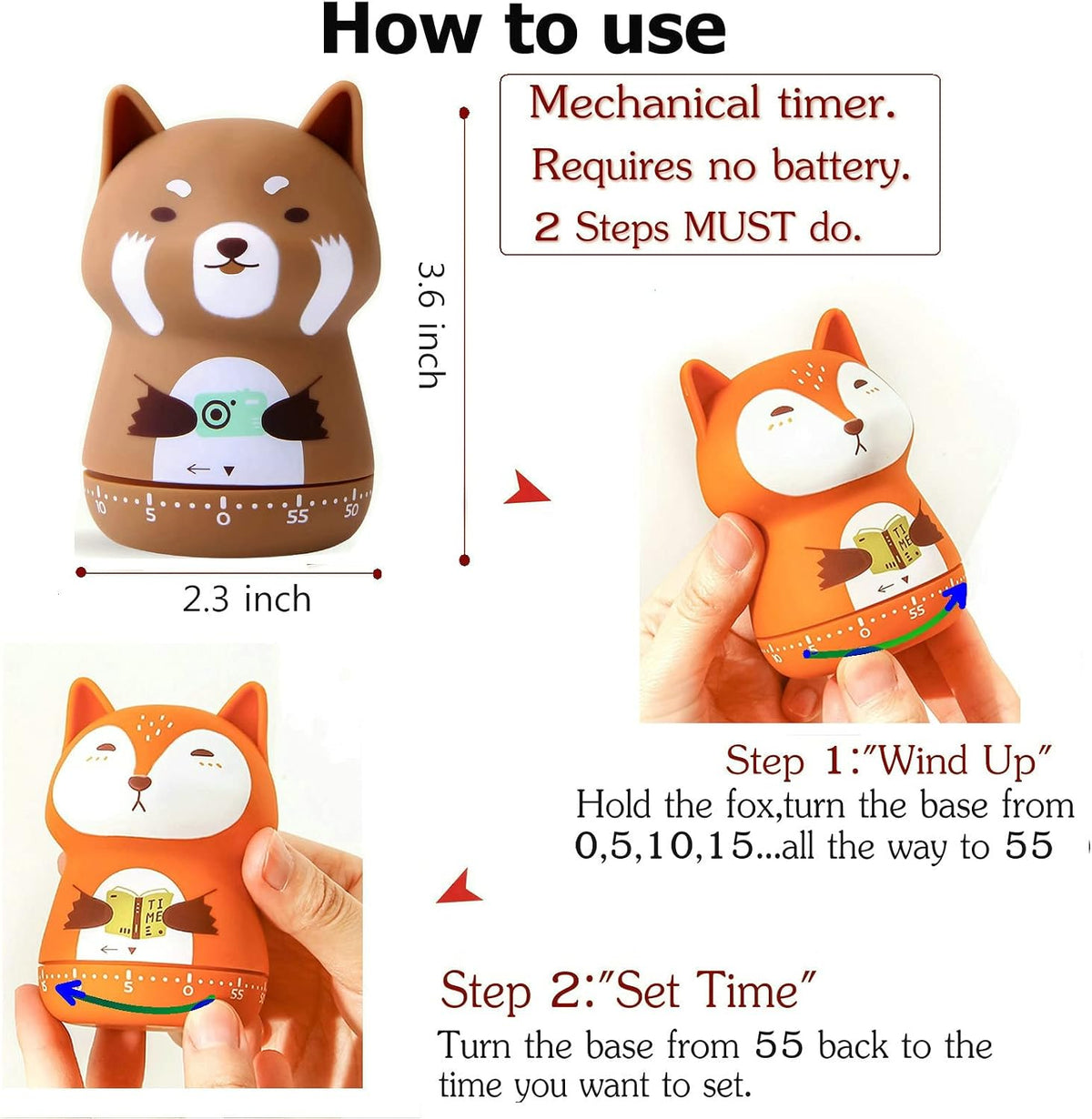 Mechanical Kitchen Timer, Cute Animal Wind Up 60 Minutes Manual Countdown for Kids, Classroom, Home, Study and Cooking (Orange Fox)
