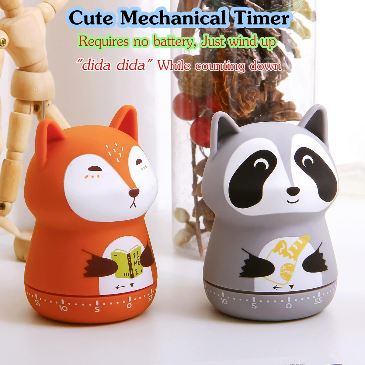 Mechanical Kitchen Timer, Cute Animal Wind Up 60 Minutes Manual Countdown for Kids, Classroom, Home, Study and Cooking (Orange Fox)