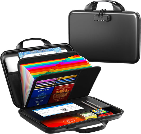 Fireproof Document Organizer with Lock, Semi-Rigid EVA Shell File Box with 13-Pocket Accordion Folder, Water-Resistant Storage for Important Documents, Passports & Certificates