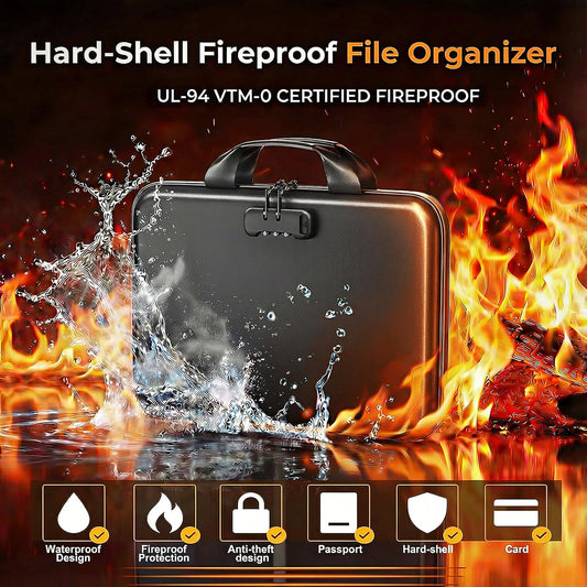 Fireproof Document Organizer with Lock, Semi-Rigid EVA Shell File Box with 13-Pocket Accordion Folder, Water-Resistant Storage for Important Documents, Passports & Certificates