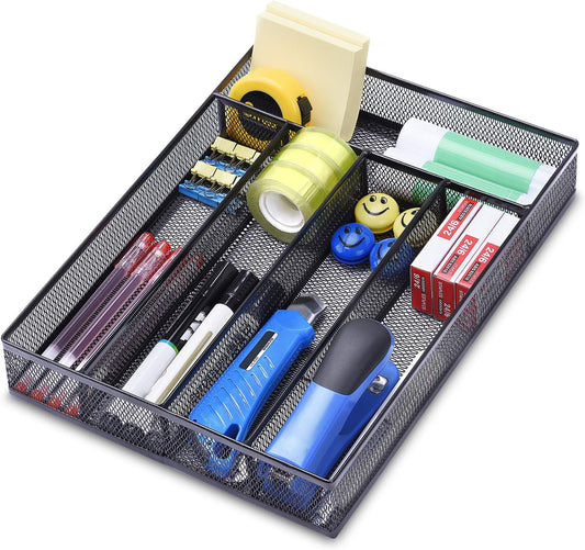 Office Desk Drawer Organizer, 5 Compartments Mesh Drawer Organizer Tray for Storage Art Supplies, Stationery, Black