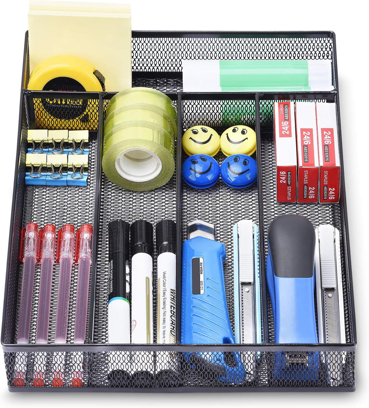 Office Desk Drawer Organizer, 5 Compartments Mesh Drawer Organizer Tray for Storage Art Supplies, Stationery, Black